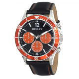 Henley Mens Polished Round Sports Case Orange Dial With Black Leather Strap Watch H02210.8