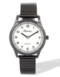 Ravel Ladies Basic Easy Read Minute Track on White Dial Black Stainless Steel Expander Bracelet Watch