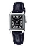 Casio Ladies Basic Water resistant Stainless Steel Rectangle Case Black Dial Black Leather Strap Watch