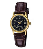 Casio Ladies Dated Analogue Designer Black Dial Brown Leather Strap Watch