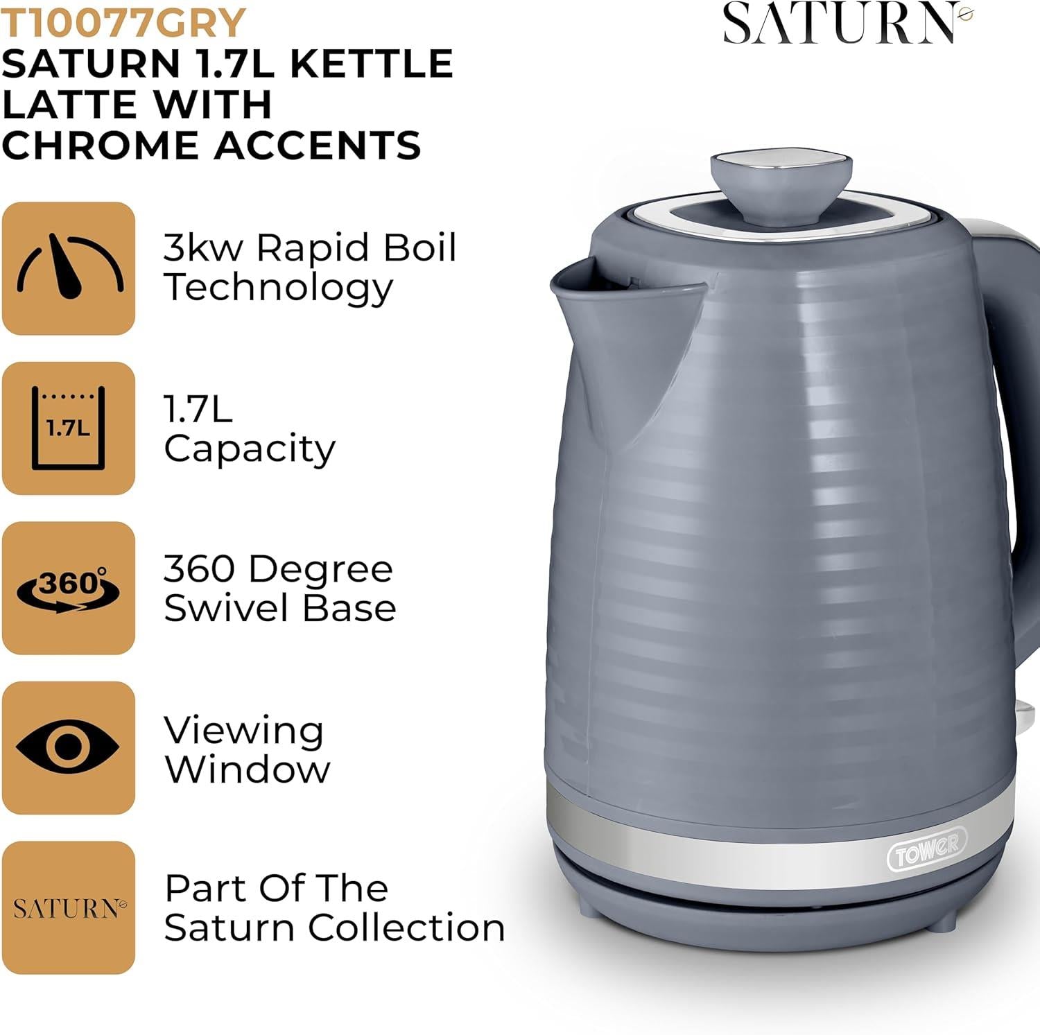 Tower Saturn Electric Kettle with Quick Boil, 1.7L, 3000W, Grey and Chrome Accents