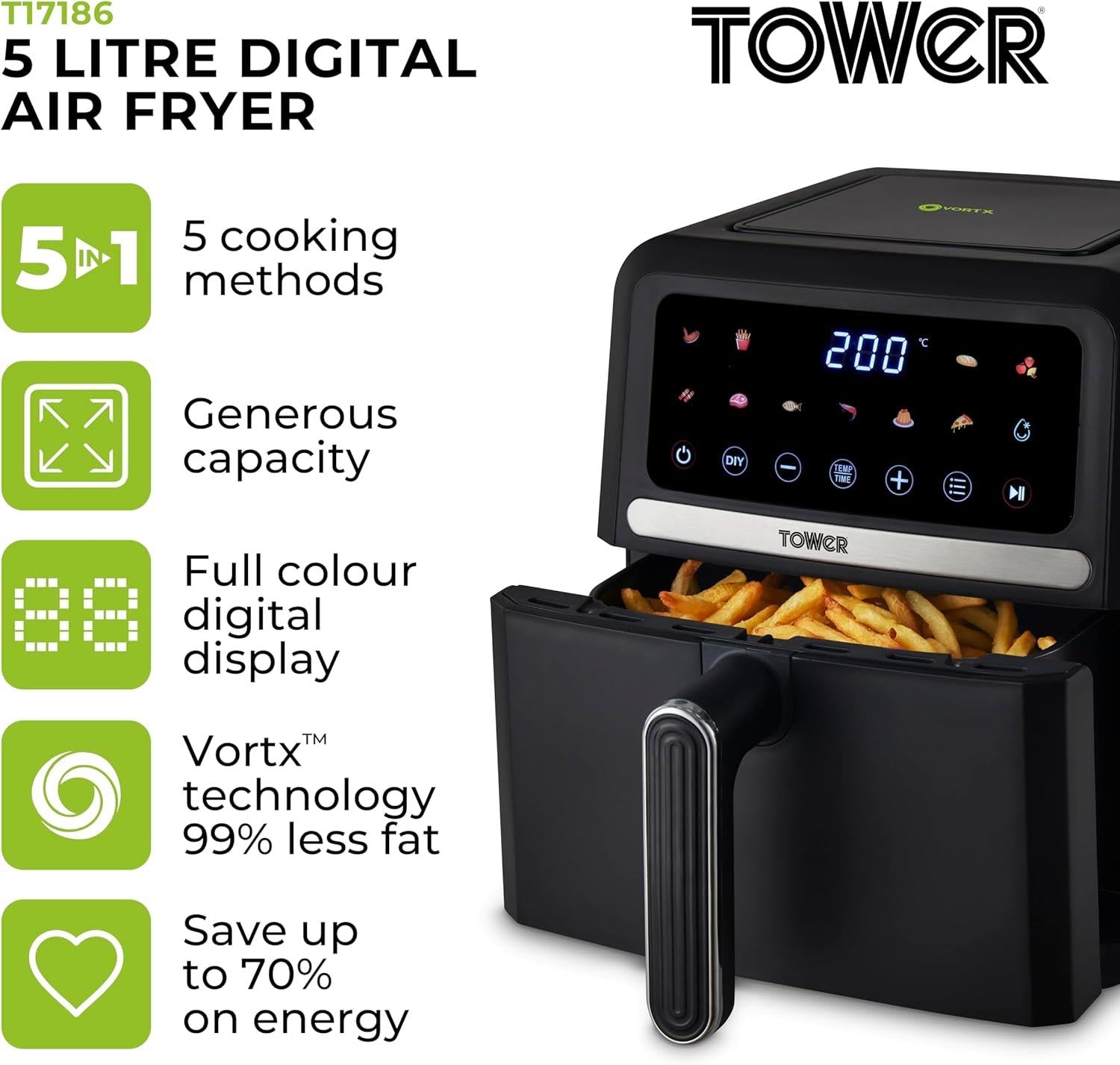 Tower 5L Colour Screen Digital Airfryer 1500w