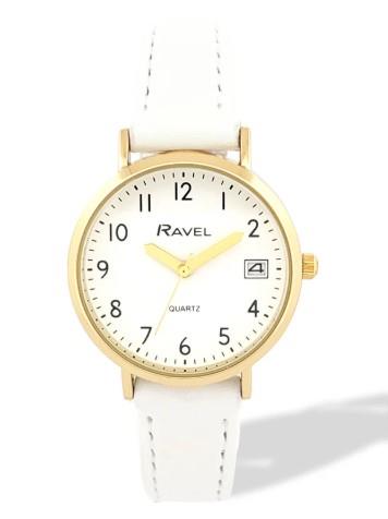 Ravel Ladies Basic Golden case Dated White Dial With White Faux Leathe ...