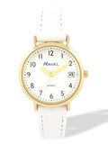 Ravel Ladies Basic Golden case Dated White Dial With White Faux Leather Strap Watch