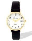 Ravel Ladies Basic Golden case Dated White Dial With Black Faux Leather Strap Watch