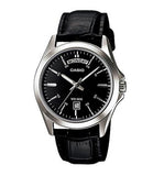 Casio Mens Black Dial Leather Strap Day-Date Watch Gadgetize