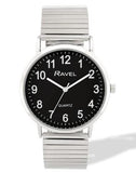 Ravel Mens Basic Everyday Black Dial Silver Stainless Steel Expander Bracelet Watch