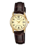 Casio Women's Analogue Designer Gold Dial Brown Leather Strap Watch - LTP-V001GL-9BUDF