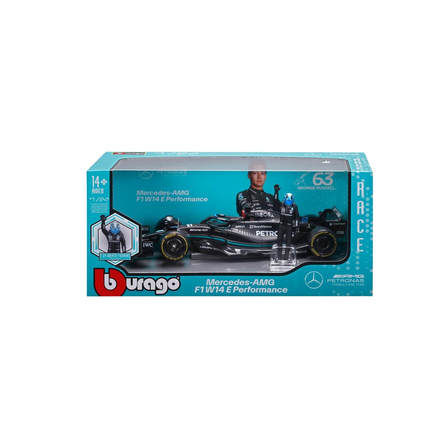 F1 MERCEDES AMG W14 2023 WITH DRIVER FIGURE RUSSELL 1:24