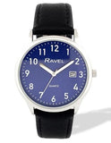 Ravel Mens Basic Silver case Dated Blue Dial With Black Faux Leather Strap Watch