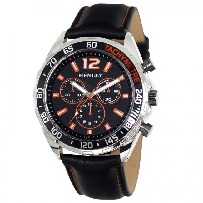 Henley Mens Multi Eye Orange Dial With Black Sports Large Leather Strap Watch H02221.8