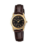 Casio Women's Black Dial Gold Case Brown Leather Strap Watch - LTP-V001GL-1BUDF