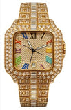 NY London Mens Fashion Bling Assorted Watch Dated Square Gold Dial Gold Bracelet Watch
