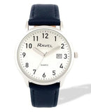 Ravel Mens Basic Silver case Dated Silver Dial With Black Faux Leather Strap Watch