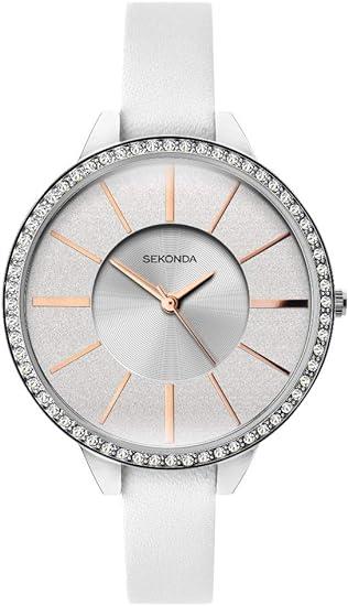 Sekonda Ladies Editions with Silver Glitter Dial and White Strap Watch 40003