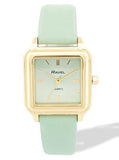 Ravel Ladies Fashion Summertime Square Gilt Case Dial with Green Leather Strap Watch