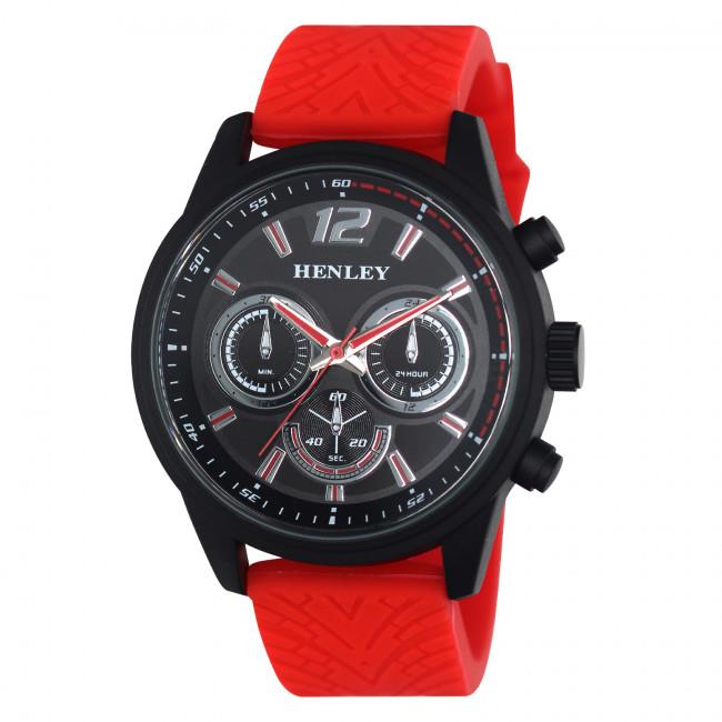 Henley Mens Multi Eye Black Dial With Red Sports Large Silicone Strap Watch H02216.10