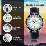 Ravel Mens Fashion Sports 42mm Round 5ATM Dated Dial Rotating Uni-Directional Bezel Black Leather Strap Watch RPD-M Available Multi Colors