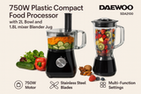 Daewoo 750W Plastic Compact Food Processor with 2L Bowl and 1.8L mixer Blender Jug