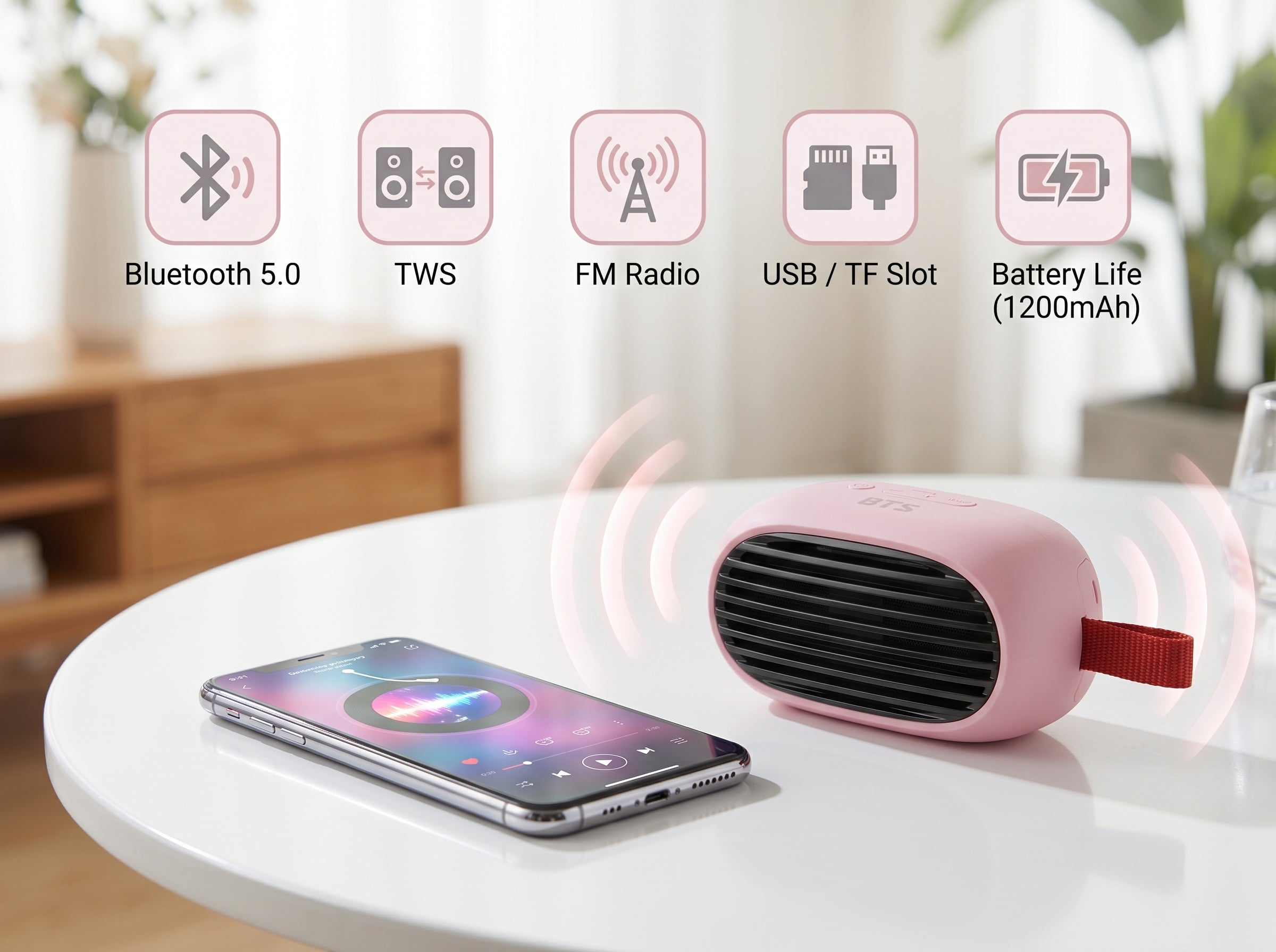 BTS Speaker Roaster, BT5.0, 5W, TWS/FM/TF/USB/Audio3.5, 1200mAh, Pink Woox