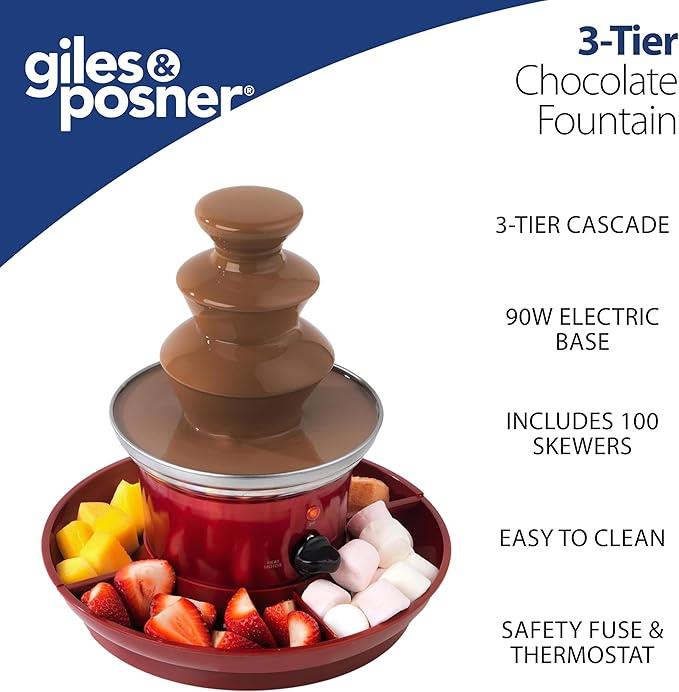 Giles & Posner EK3428G Chocolate Fountain with Fruit Tray and 100 Bamboo Skewers - Red