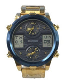 Ousuo Mens Fashion Ana Digital Big Dated Blue Dial Gold Plated Bracelet Watch NY London