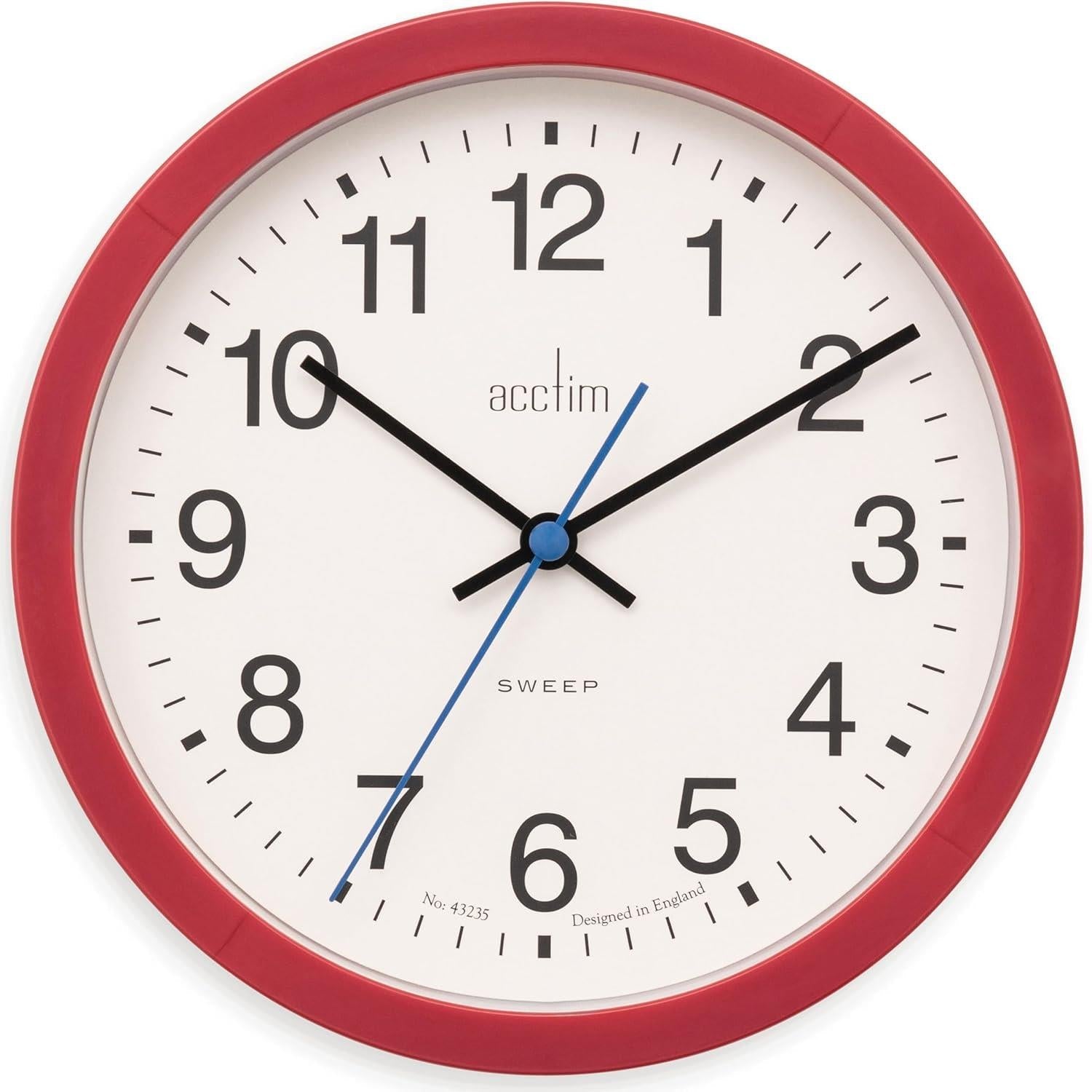 Acctim Bromham Non Ticking Sweep Seconds Hand Wall Clock 20cm Diameter Red - Gadgetize