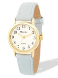 Ravel Ladies Basic Small Gilt Case White Dial Light Blue Leather Strap Watch