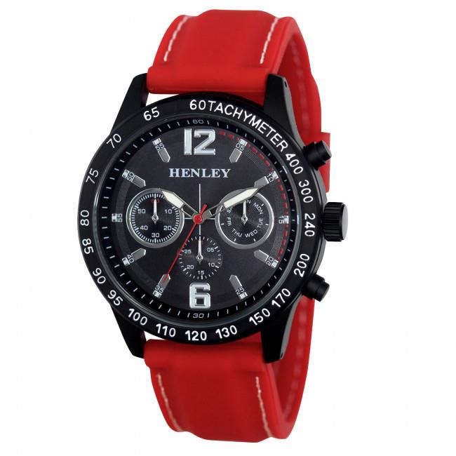 Henley Mens Multi Eye Black Dial With Red Sports Large Silicone Strap Watch H02217.10