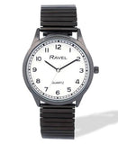Ravel Mens Basic Easy Read Minute Track on White Dial Black Stainless Steel Expander Bracelet Watch