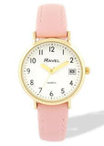 Ravel Ladies Basic Golden case Dated White Dial With Pink Faux Leather Strap Watch