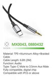 Woox MX0043 3.5mm Aux to Type C Braided Plug & Play Audio Cable, 6.6ft 2m, Black