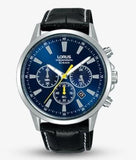 LORUS Mens Chronograph Fashion Dated Blue Dial Yellow Accents Black Leather Strap Watch Gadgetize