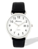Ravel Mens Basic Silver case Dated White Dial With Black Faux Leather Strap Watch
