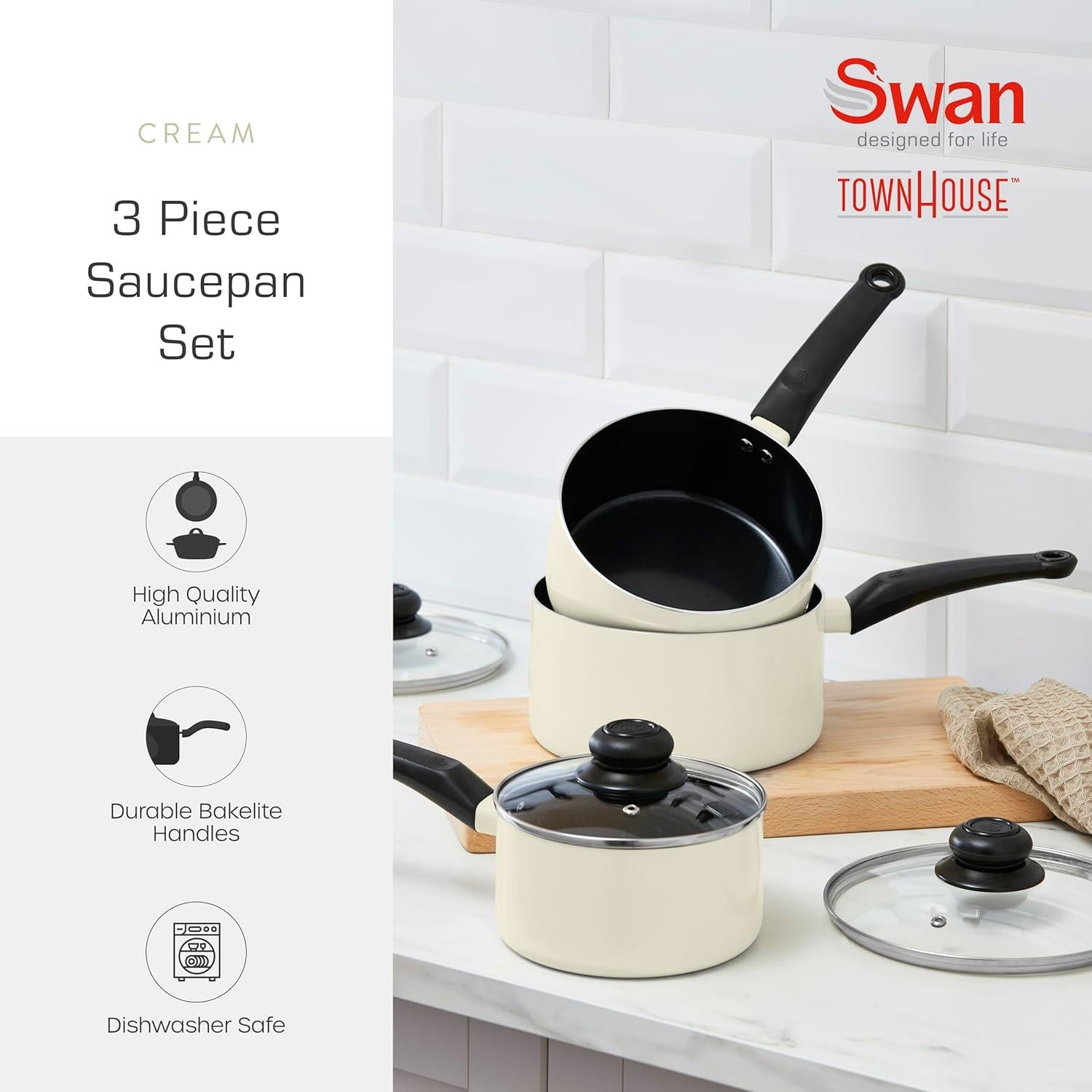 Swan Townhouse 3 Piece Sauce Pan Set Cream
