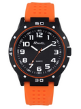 Ravel Men's Black Cased with Colour Co-ordinated Bezel on Silicone Sports Orange Strap Watch Gadgetize