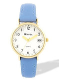 Ravel Ladies Basic Golden case Dated White Dial With Blue Faux Leather Strap Watch