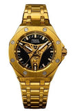 NYL Mens Automatic Metal Hollow Mechanical Octagon Screw Decoration Dial Analogue Gold/Black Metal Bracelet Watch NY London
