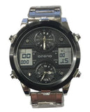 Ousuo Mens Fashion Ana Digital Big Dated Black Dial Silver Plated Bracelet Watch NY London