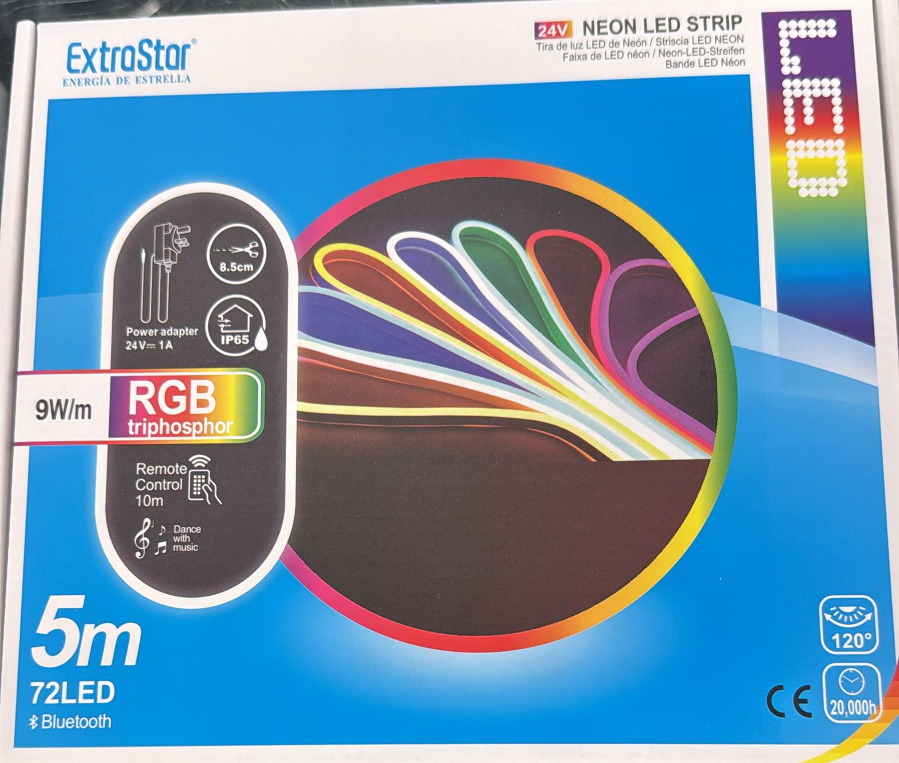 ExtraStar Neon LED Strip 5M Cable with Power Adapter andRemote Control, 9W/M, RGB