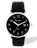 Ravel Mens Basic Silver case Dated Black Dial With Black Faux Leather Strap Watch