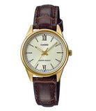 Casio Ladies Basic Water resistant Golden Analogue Dial Brown Leather Strap Dress Watch