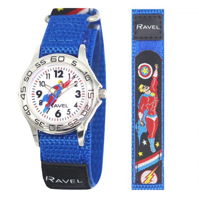 Ravel Childrens White Superhero Dial Blue Velcro Strap Watch R1507