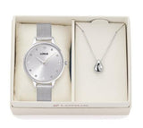 Lorus Ladies Teardrop necklace Bling Silvertone Sunray dial Silvertone Twin Stainless Steel Bracelet Watch Gift Set