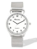 Ravel Mens Basic Easy Read Minute Track on White Dial Silver Stainless Steel Expander Bracelet Watch
