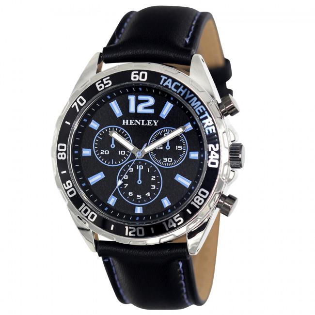 Henley Mens Multi Eye Blue Dial With Black Sports Large Leather Strap Watch H02221.6