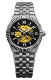 NYL Mens Automatic Metal Hollow Mechanical Dial Analogue Silver/Black Metal Bracelet Watch NY London
