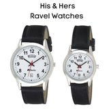 Ravel Mens Stainless Steel Day/Date  Faux Leather Strap Watch + Ravel Womens Stainless Steel Day/Date Faux Leather Strap Watch R0706.20.1+R0706.20.2