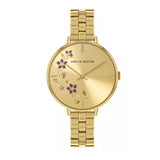Amelia Austin Womens Floral Gold Stainless Steel Bracelet Pink Stone Set Etched Dial Watch AA4006
