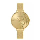 Amelia Austin Womens Bamboo Pale Gold Stainless Steel Mesh Green Stone Set Etched Dial Watch AA4016